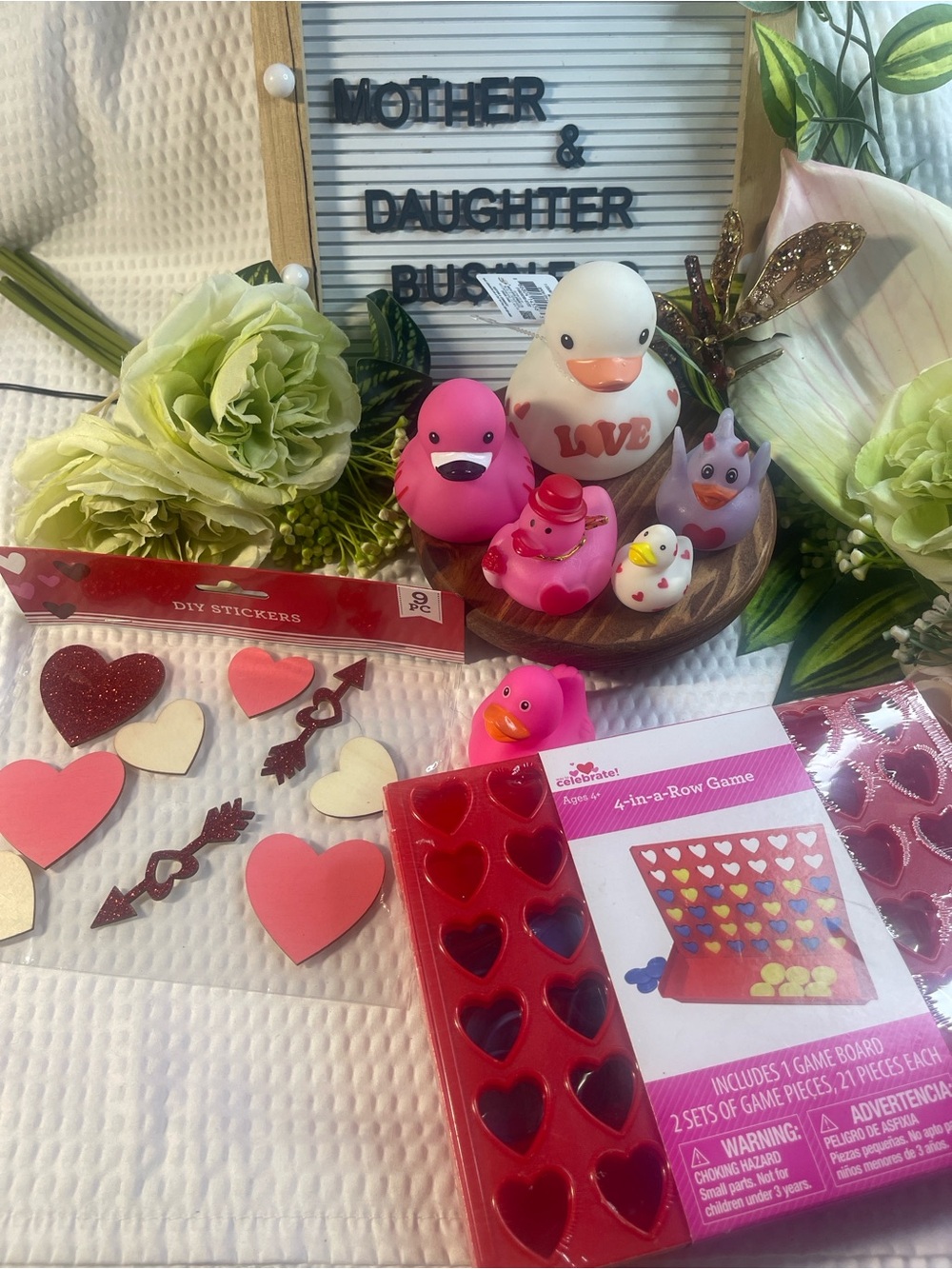 Valentine Rubber Duck Bundle w/ Heart 4-in-a-Row Game & DIY Stickers Lot